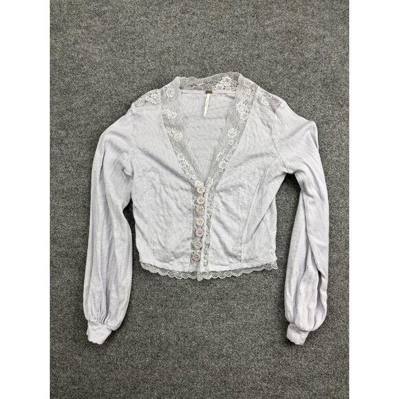Free People Shirt Womens Medium Lavender Lace Trim Button Front Ribbed Cropped - Picture 1 of 6